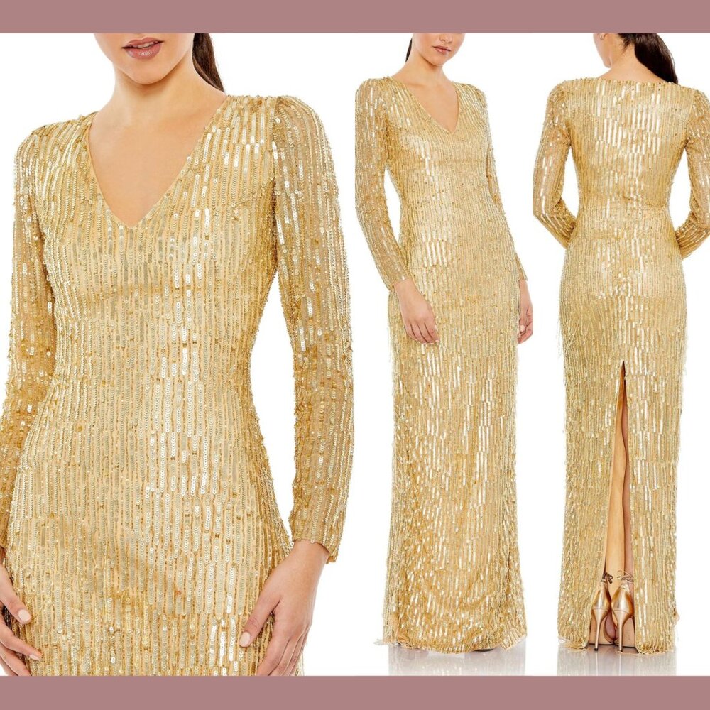 NWT $598‎ Mac Duggal [ 12 ] Sequined Long Sleeve V Neck Beaded Fringe Gown Gold
